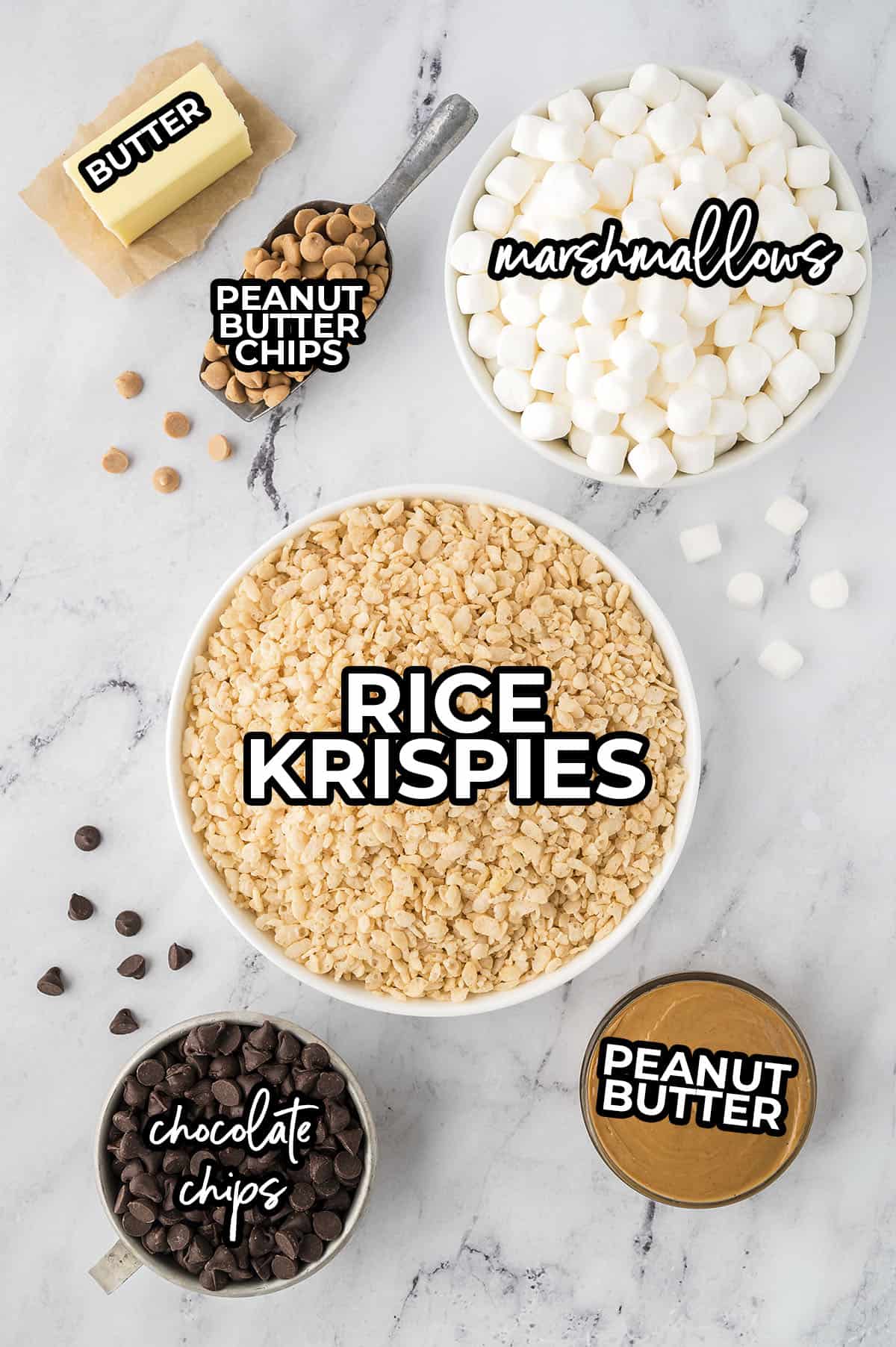 Ingredients for chocolate peanut butter rice krispie treat recipe.