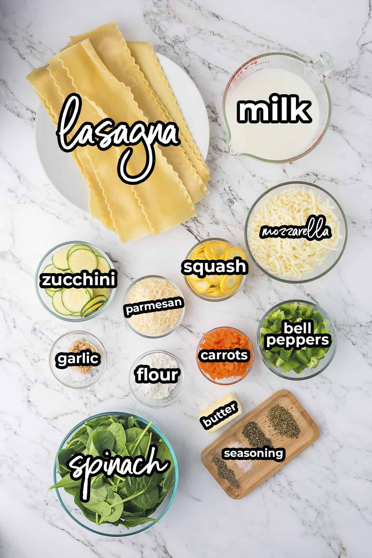 Ingredients for vegetable lasagna with white sauce.