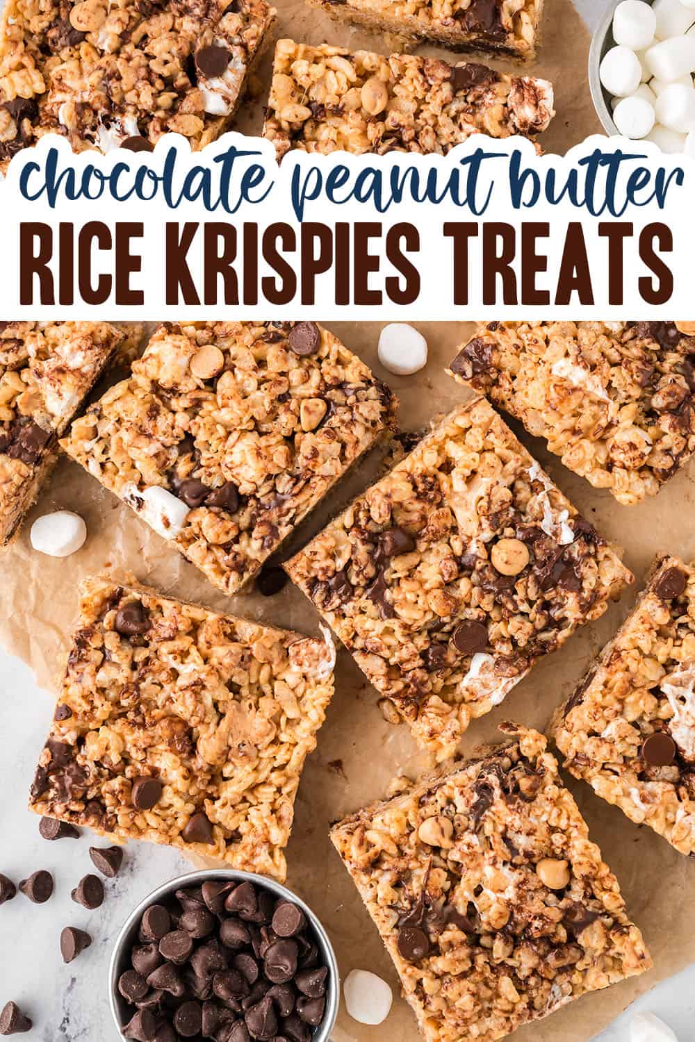 Chocolate peanut butter rice krispies treats on parchment paper with text for pinterest.