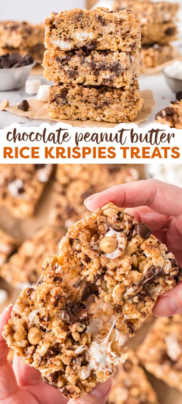 Collage of chocolate peanut butter rice krispie treats images