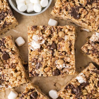 Rice krispies treat with chocolate chips and peanut butter.