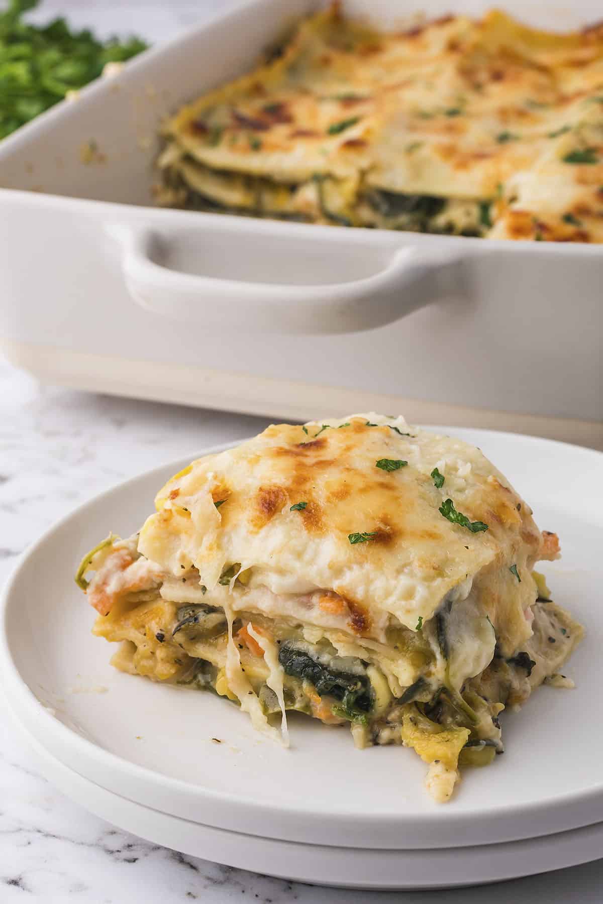 Vegetable lasagna on white plate.