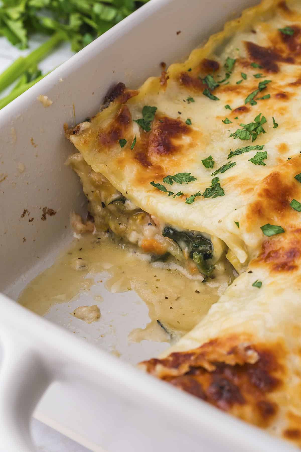 Vegetable lasagna with white sauce in white baking dsih.