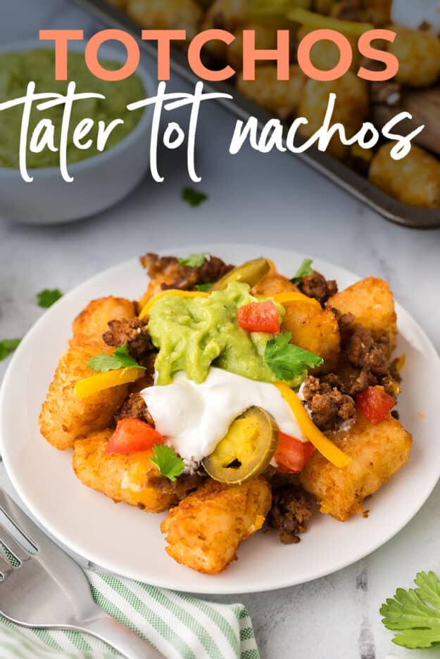 Tater tot nachos on white plate.