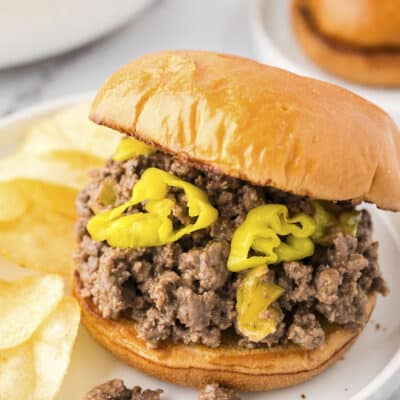 Mississippi sloppy joe on bun on white plate with chips.