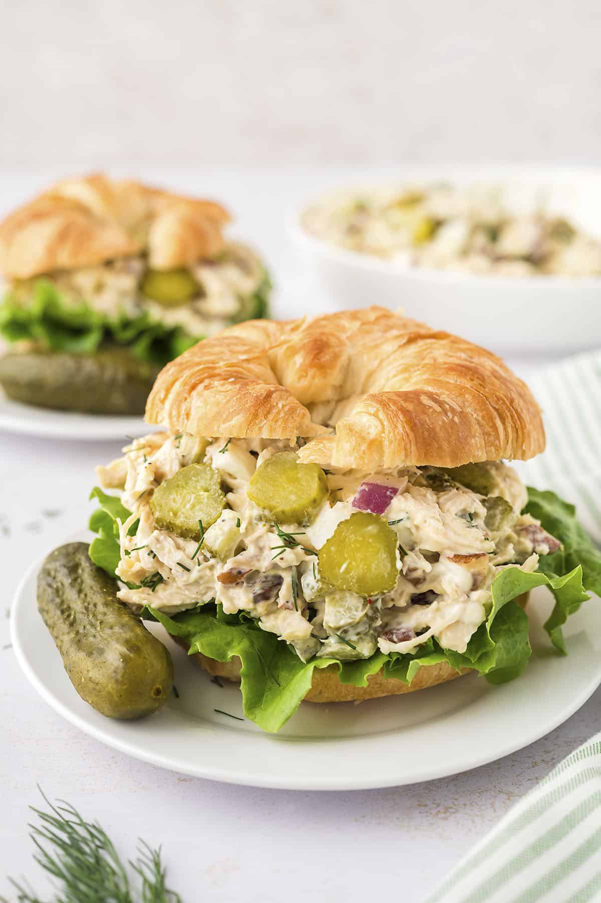 Dill pickle chicken salad on croissant on white plate.