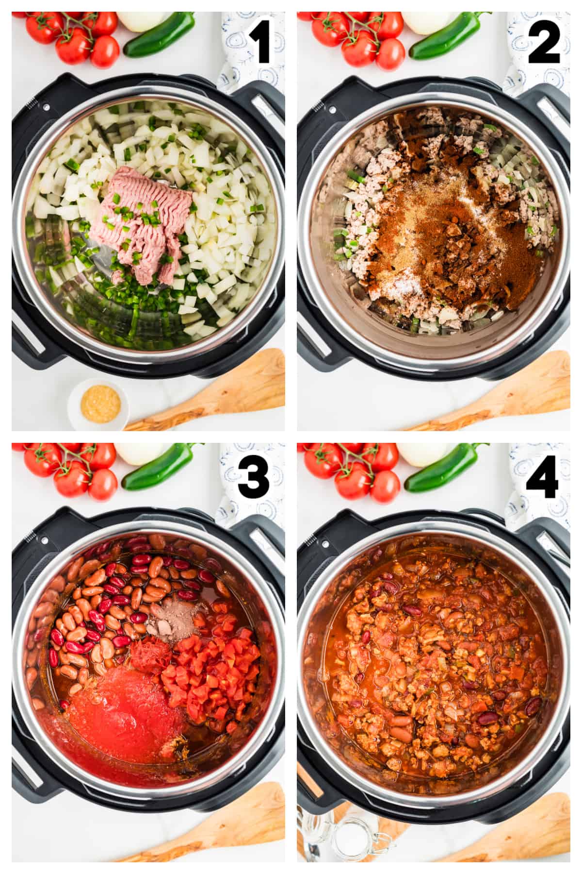 Collage showing how to make turkey chili in the INstant Pot.