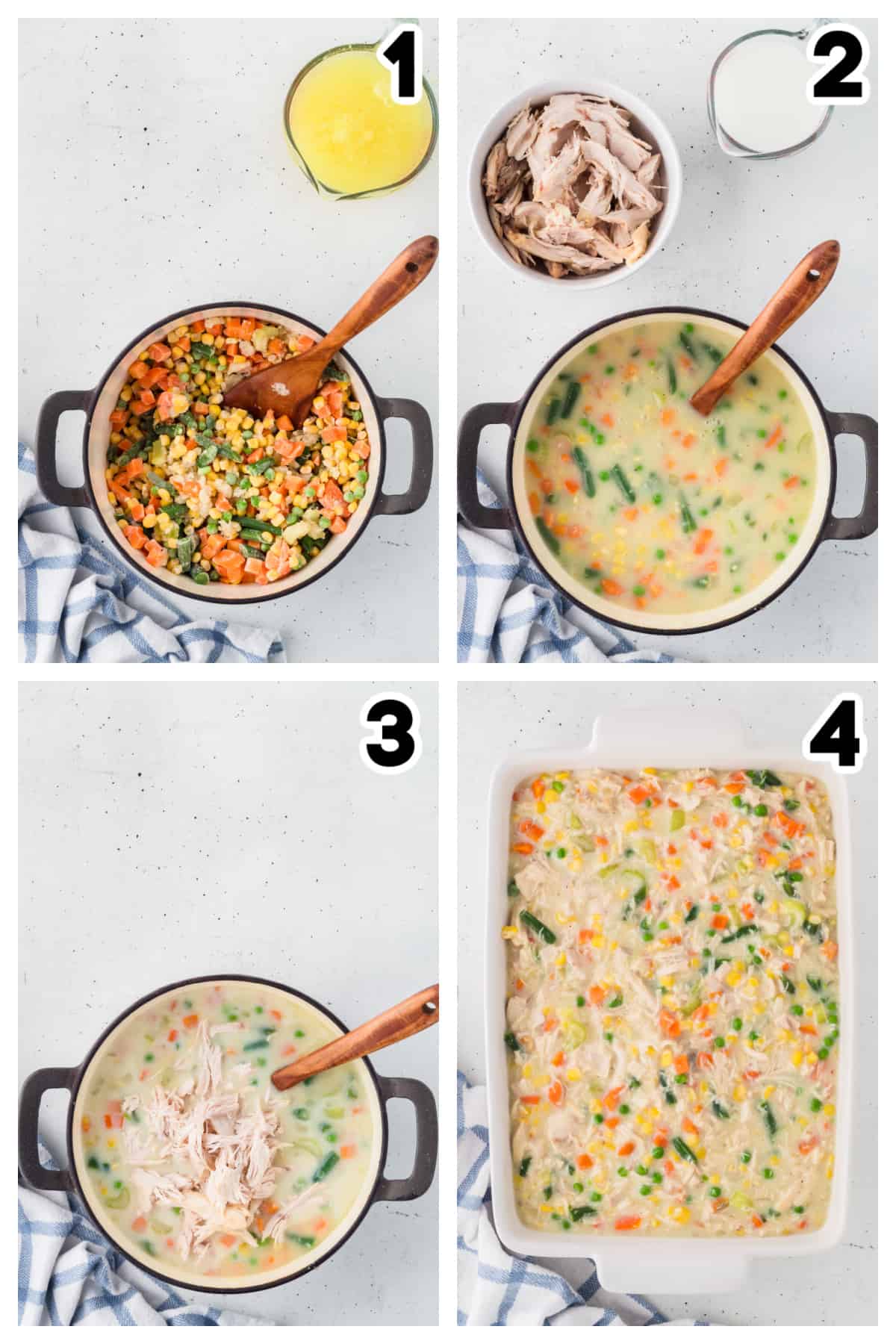 Collage showing how to make chicken pot pie casserole.
