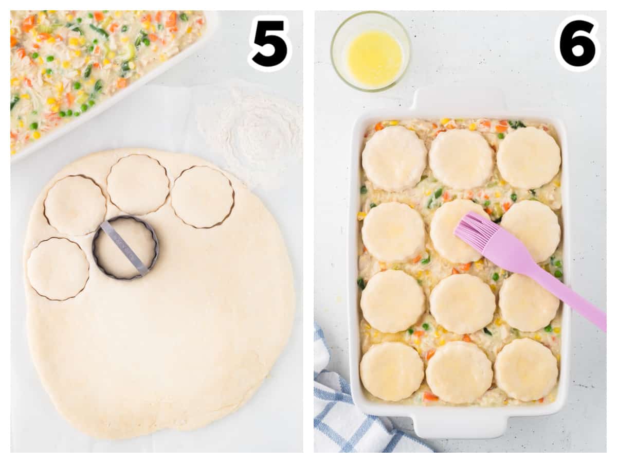 Collage showing how to make chicken pot pie with biscuits.