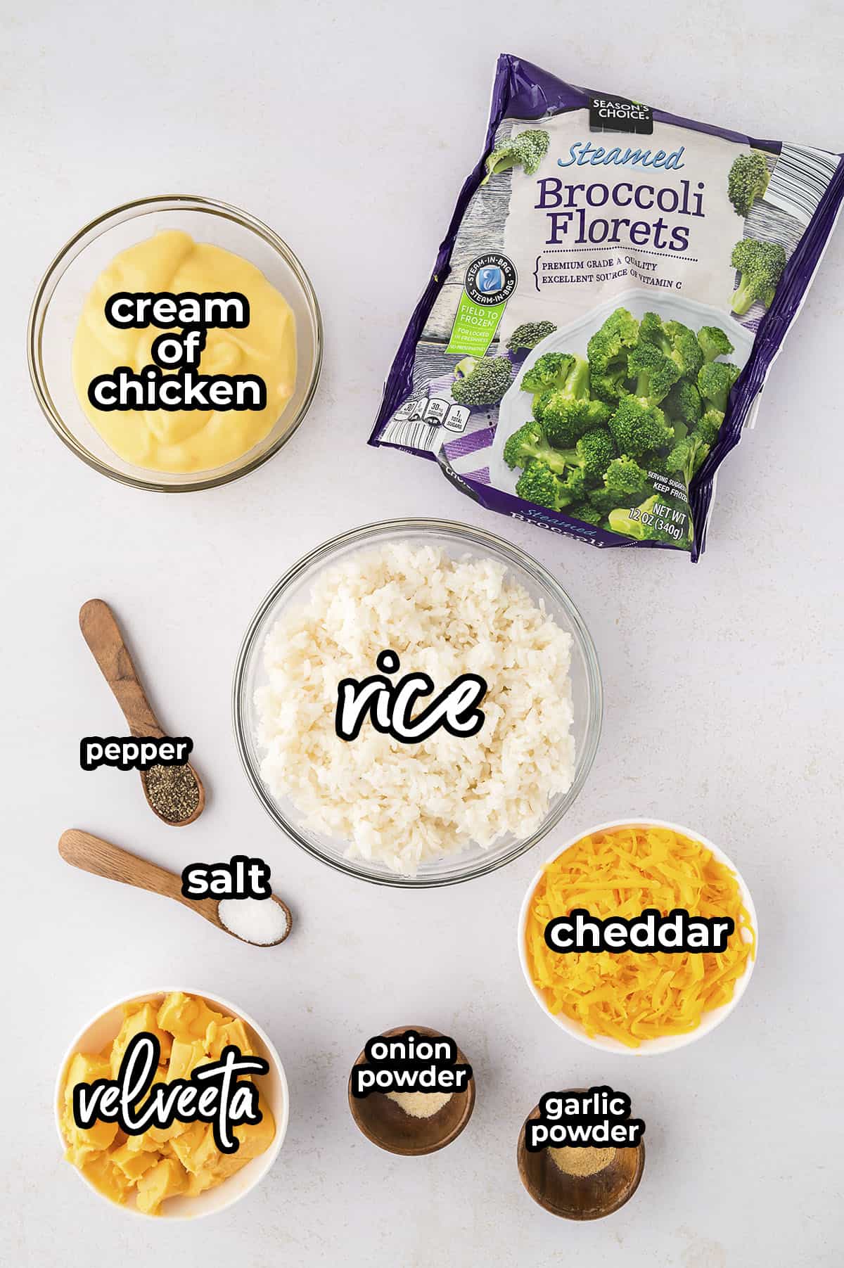Ingredients for broccoli rice casserole recipe.