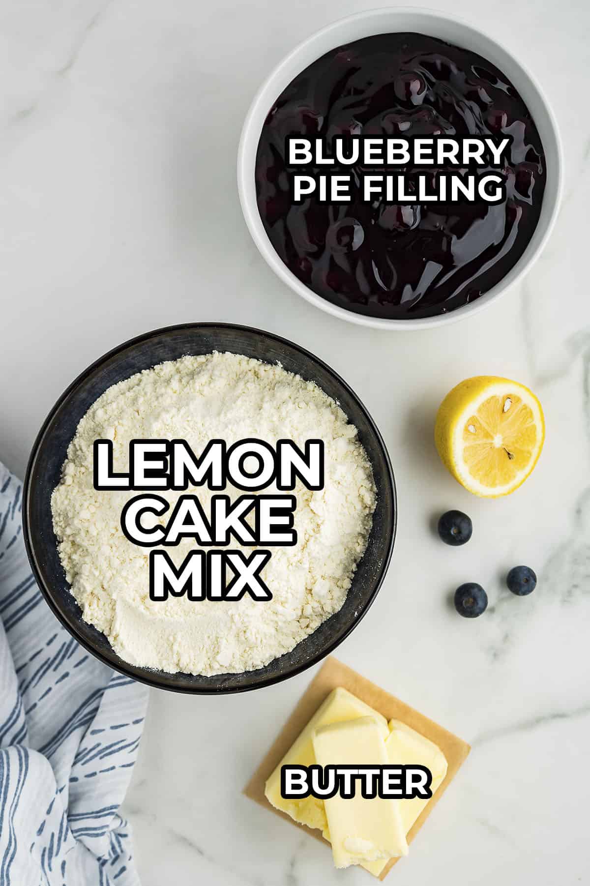 Ingredients for lemon blueberry dump cake.