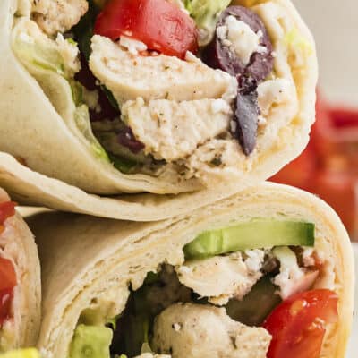 Close up of Greek chicken wraps.