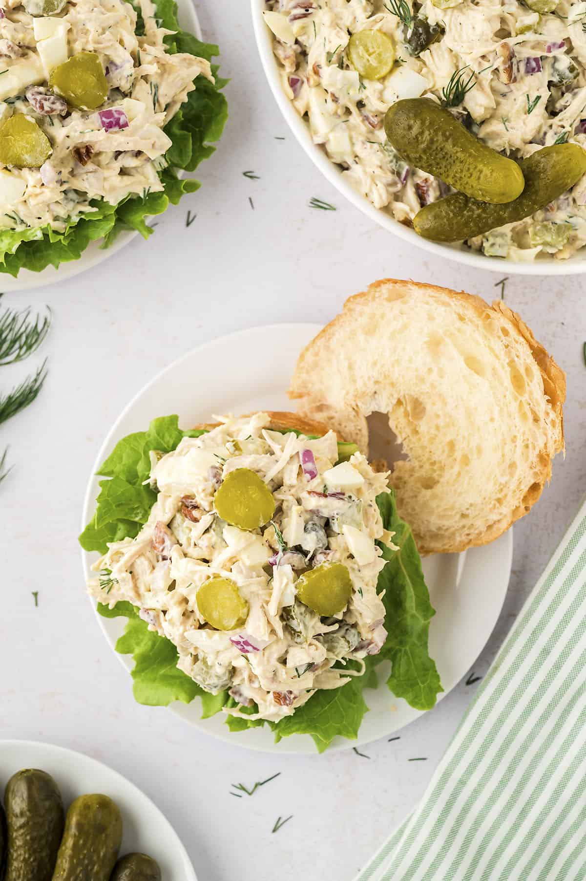 Croissant topped with dill pickle chicken salad recipe.