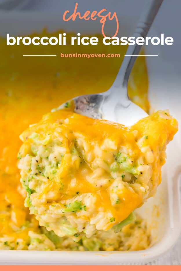 Cheesy broccoli and rice casserole on serving spoon.