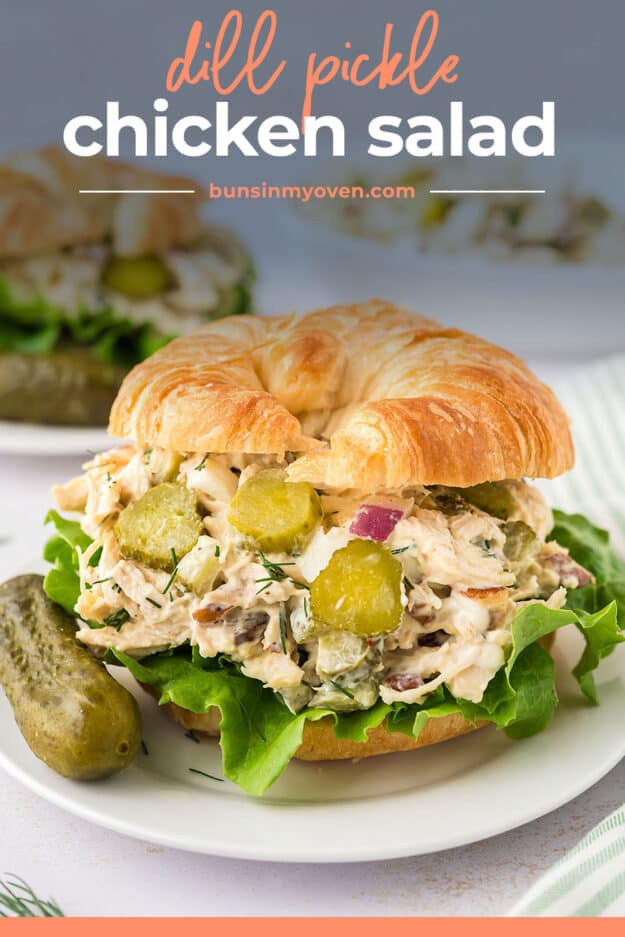 Chicken salad sandwich on a croissant on white plate with pickles.