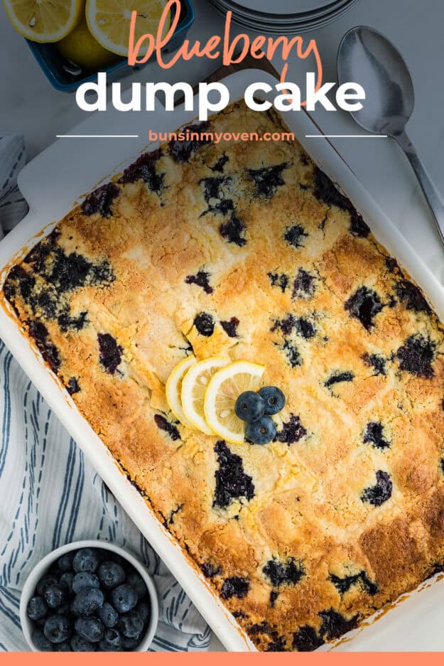 Blueberry dump cake in white 9x13 baking dish.