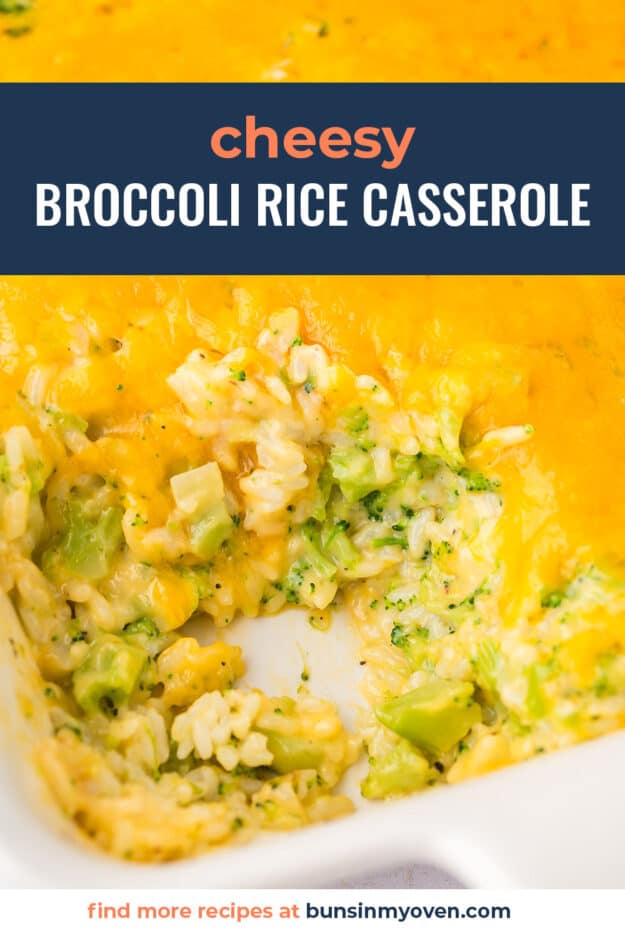 Cheesy casserole filled with broccoli and rice in white baking dish.
