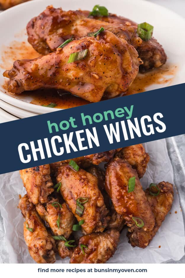 Collage of honey hot chicken wings images.