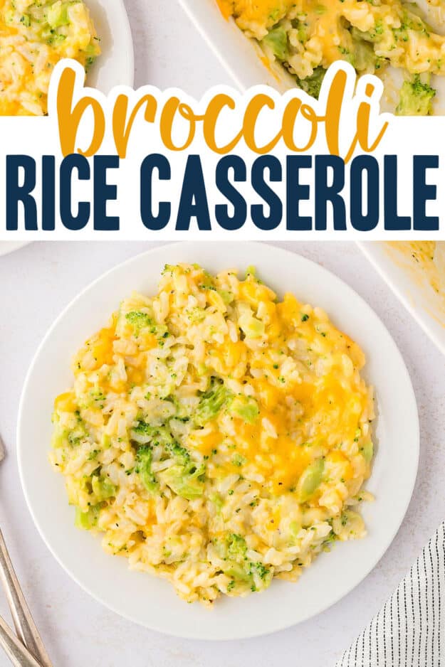 Overhead view of broccoli & rice casserole on white plate.