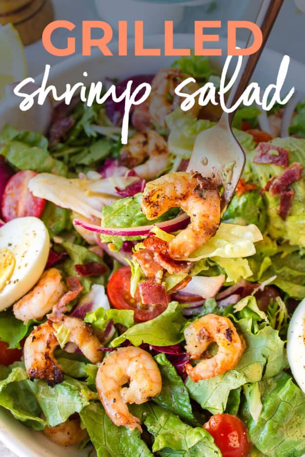 grilled shrimp salad in bowl with text for PInterest.