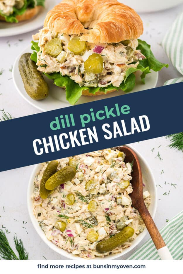 Two image collage of dill pickle chicken salad images.