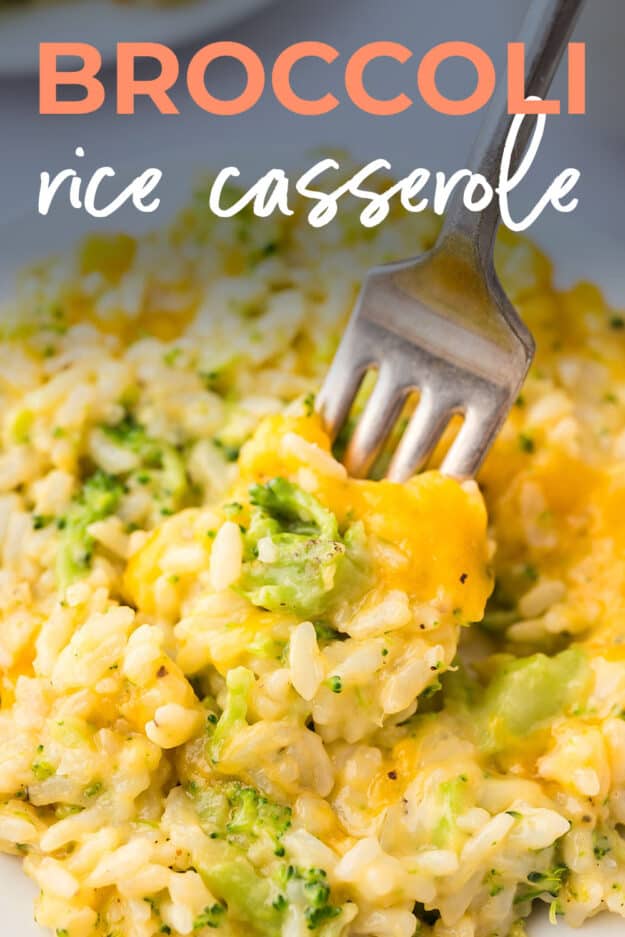 Broccoli rice casserole on fork.