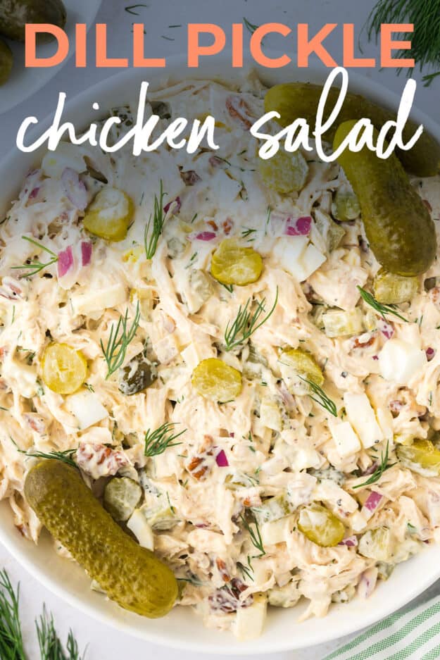 Chicken salad with pickles in white bowl.