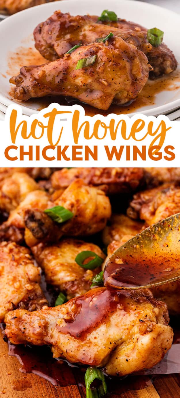 Collage of honey hot chicken wings images.