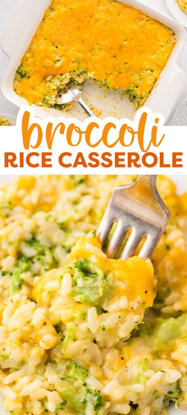 Collage of cheesy broccoli rice casserole images.
