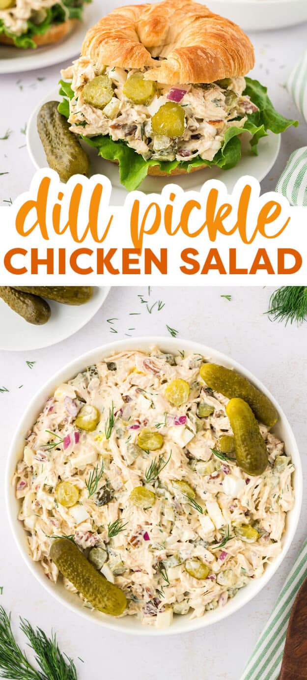Collage of dill pickle chicken salad images.