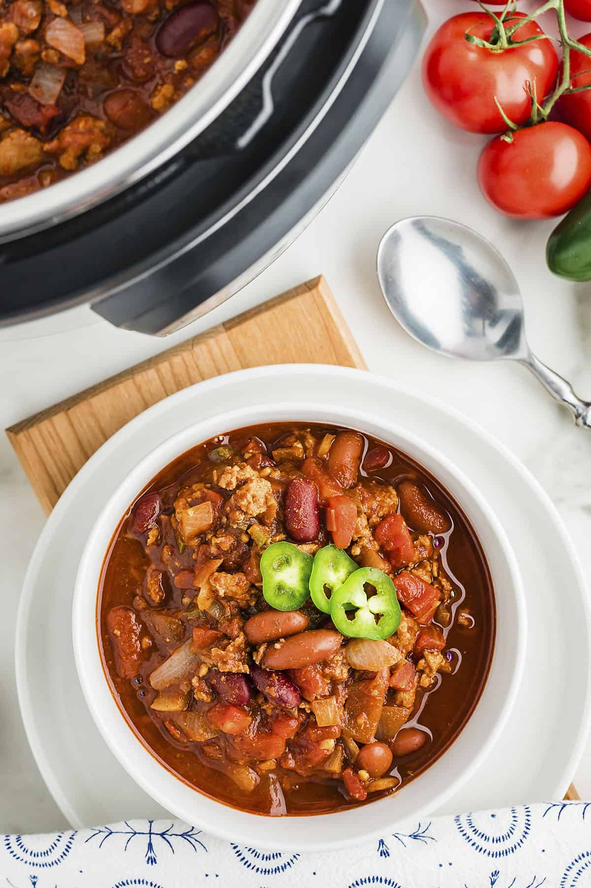 Instant Pot turkey chili in white bowl.