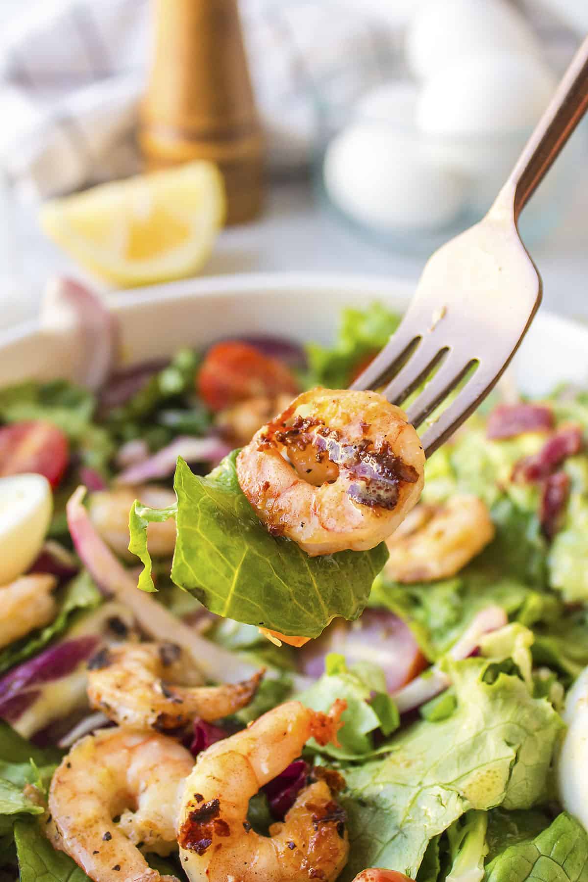 Forkful of shrimp and lettuce over bowl of grilled shrimp salad.