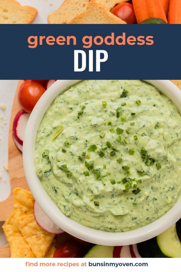 Green goddess dip in white bowl with text for Pinterest.