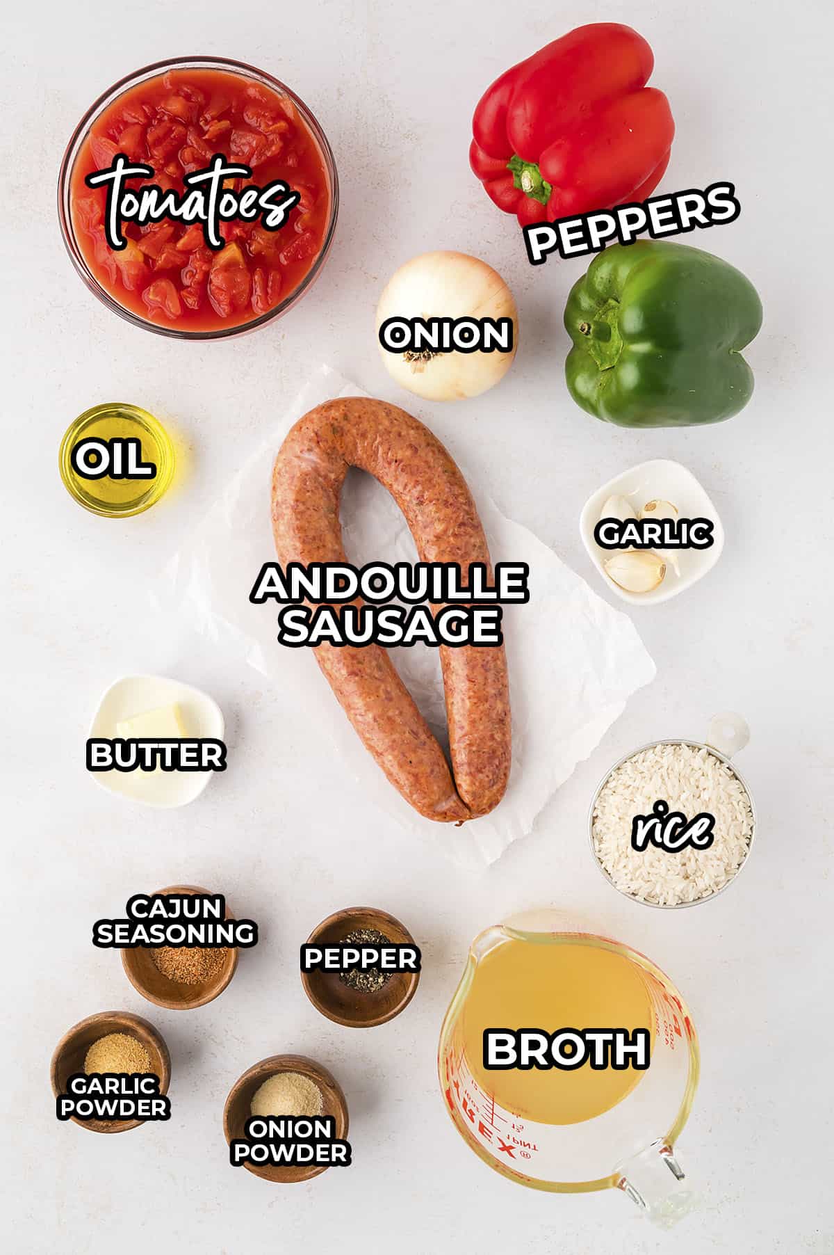 Ingredients for cajun sausage and rice.