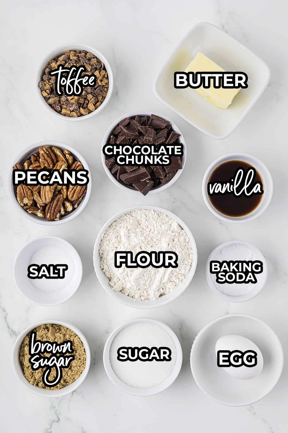 Ingredients for toffee chocolate chip cookies.