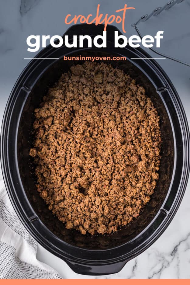 Cooked ground beef in crockpot.