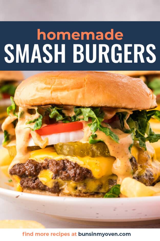 Smash burger on small white plate.