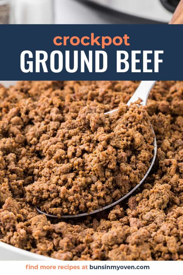 Cooked ground beef on spoon.