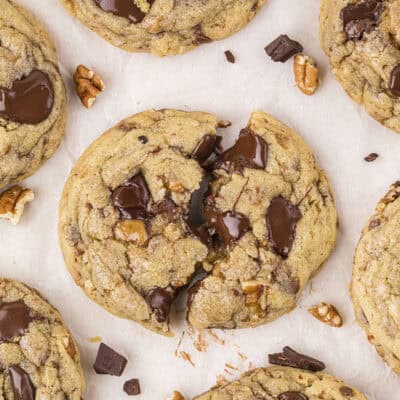 Toffee chocolate chip cookies on counter.