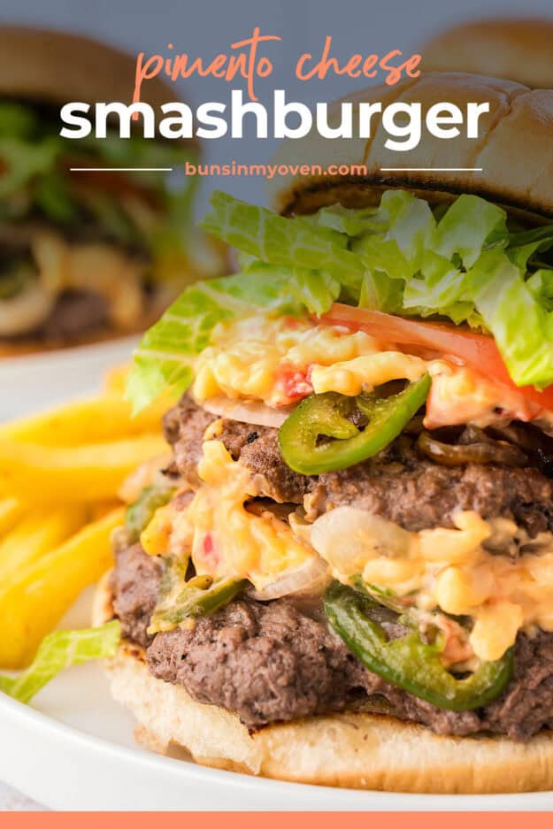 Close up of pimento cheese burger.