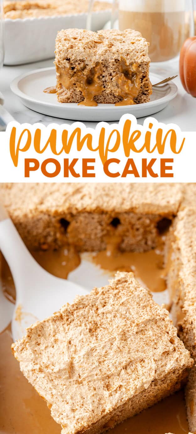 Collage of pumpkin poke cake images.
