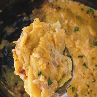 Spoonful of scalloped potatoes with ham over slow cooker.