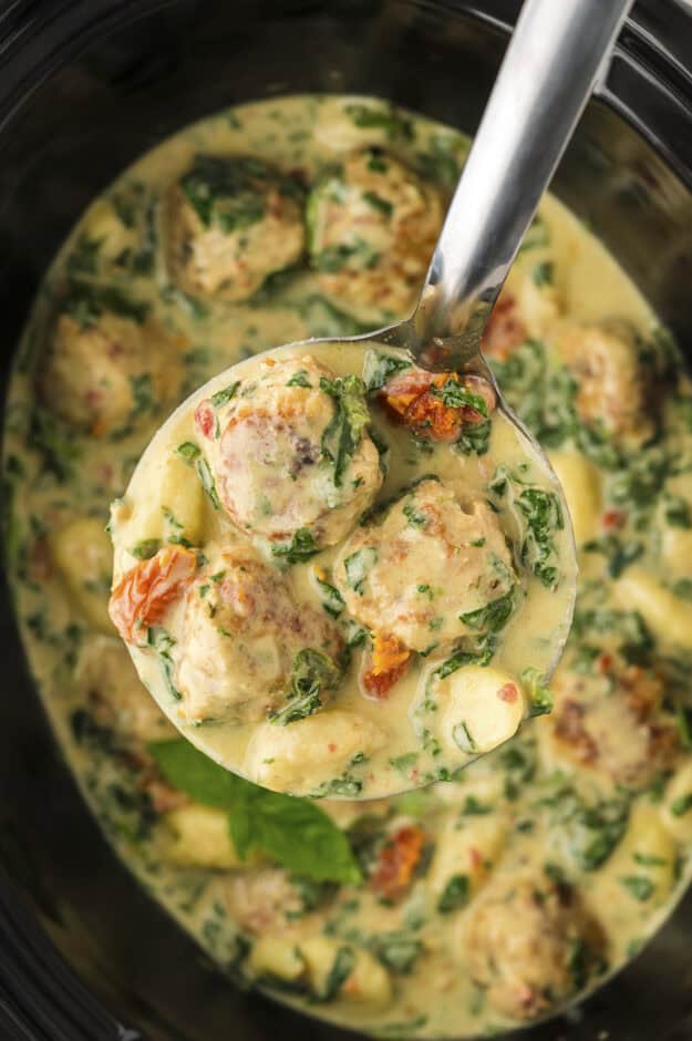 Slow Cooker Tuscan Chicken Meatballs with Gnocchi