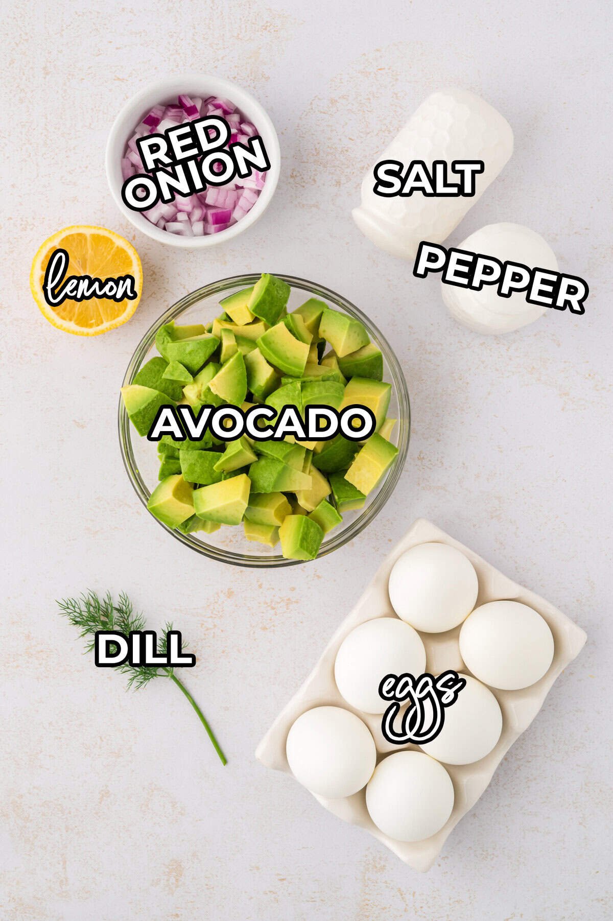 Ingredients for avocado and egg salad recipe.