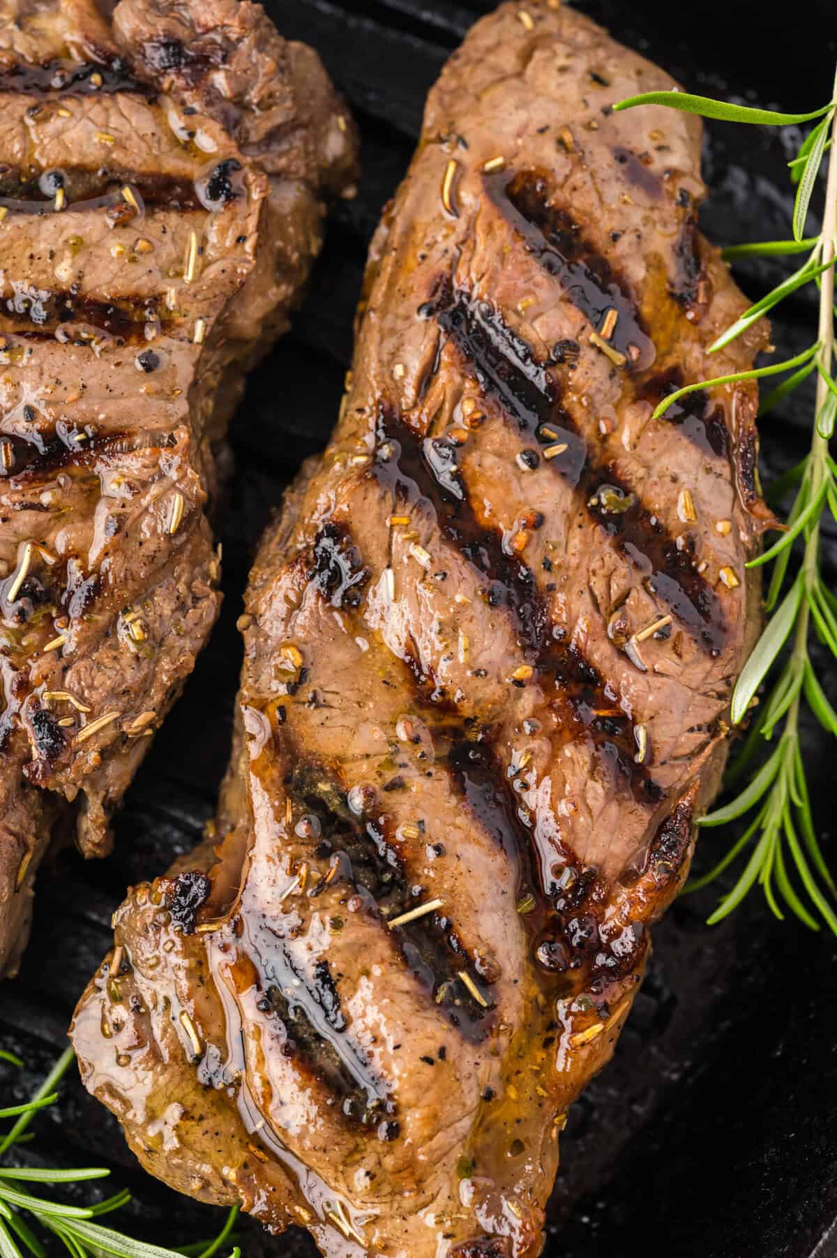 Grilled steak that was marinated in the best steak marinade.