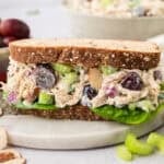 Greek yogurt chicken salad sandwich on plate.