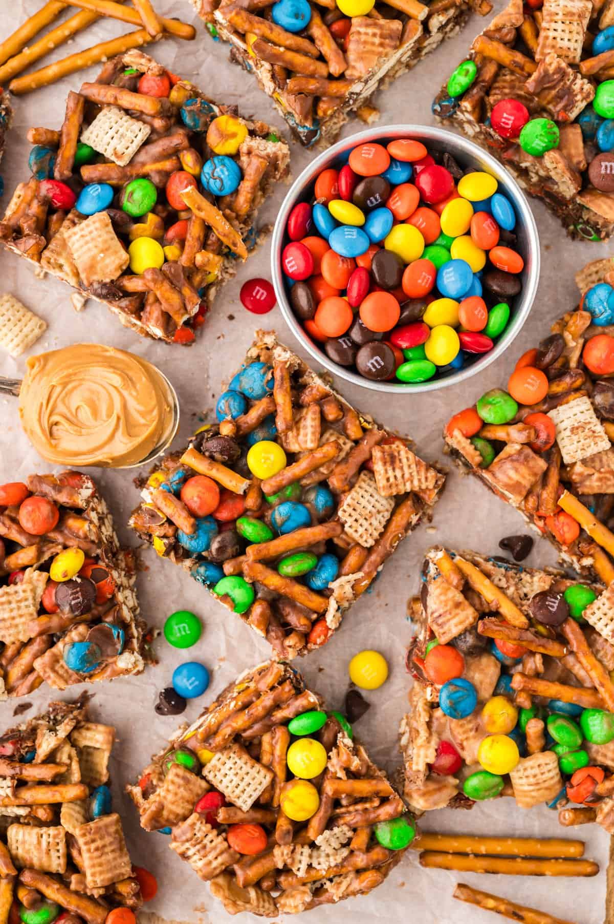 Snack bars arranged on counter.
