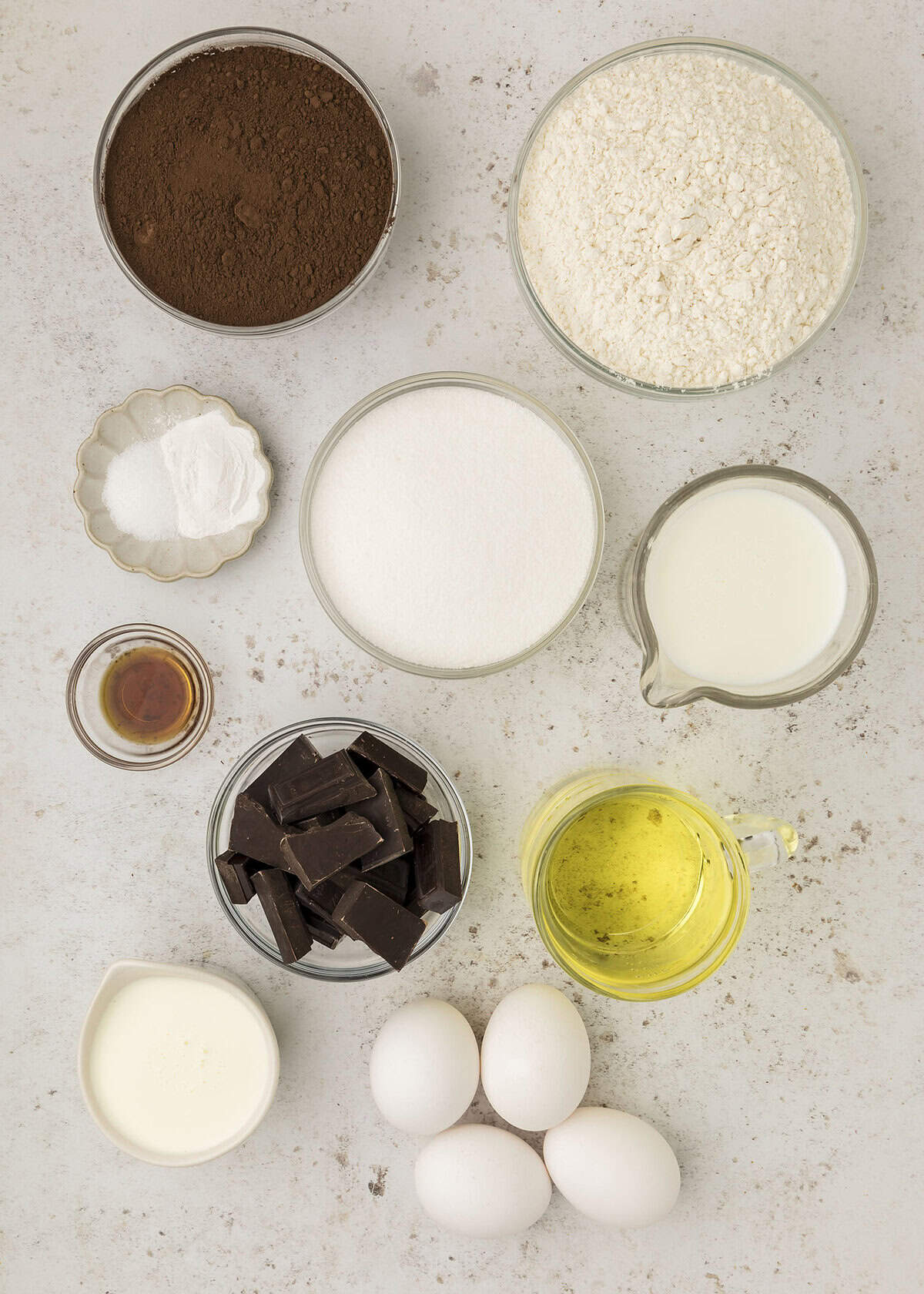 Ingredients for chocolate bundt cake.