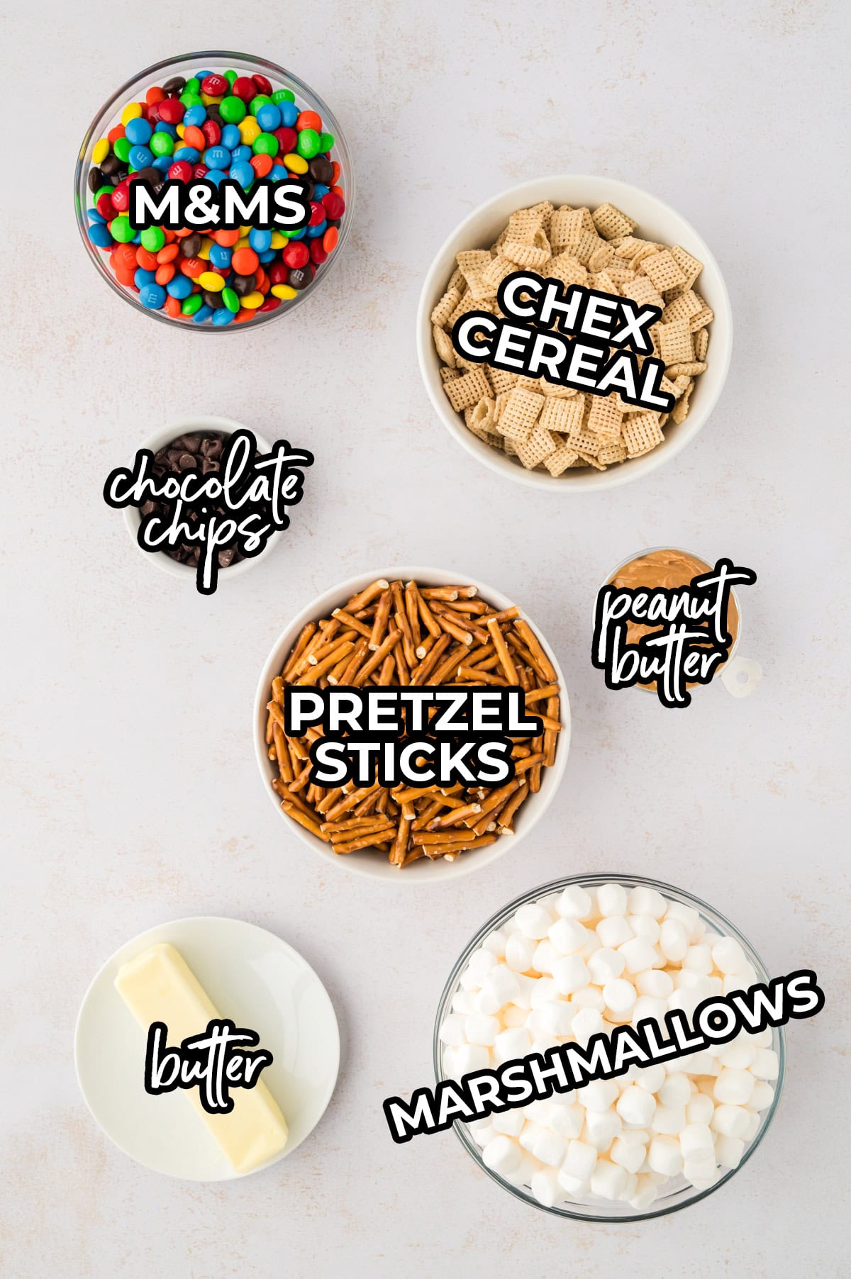 Ingredients for snack mix bars recipe.