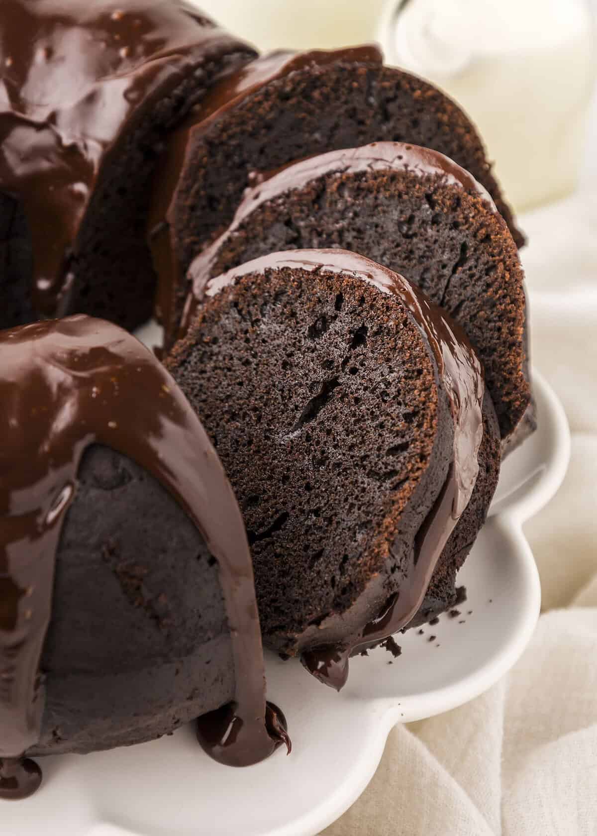 Chocolate bundt cake on cake plate.